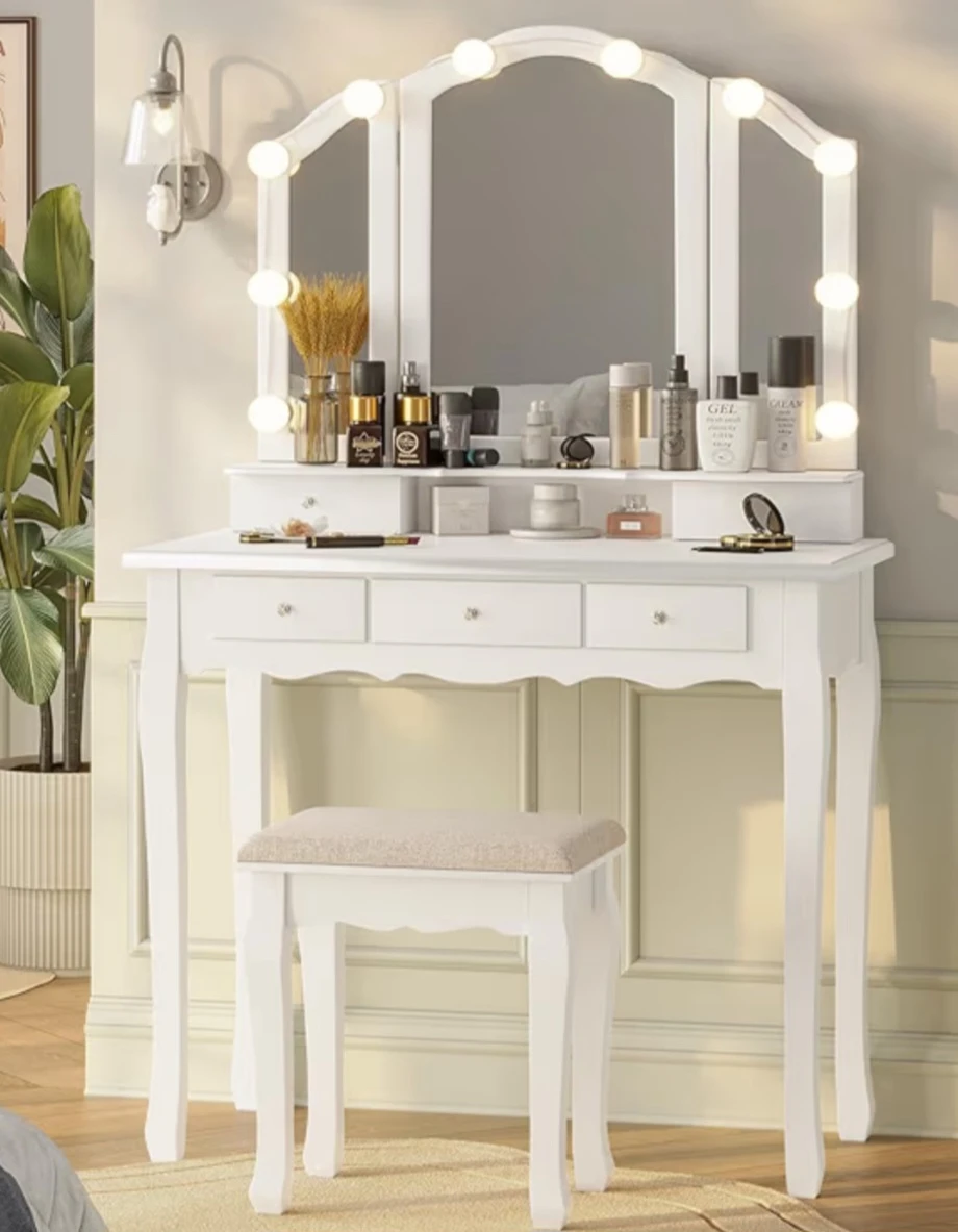White Vanity Dressing Table with Lighted Mirror and Stool - photo 5
