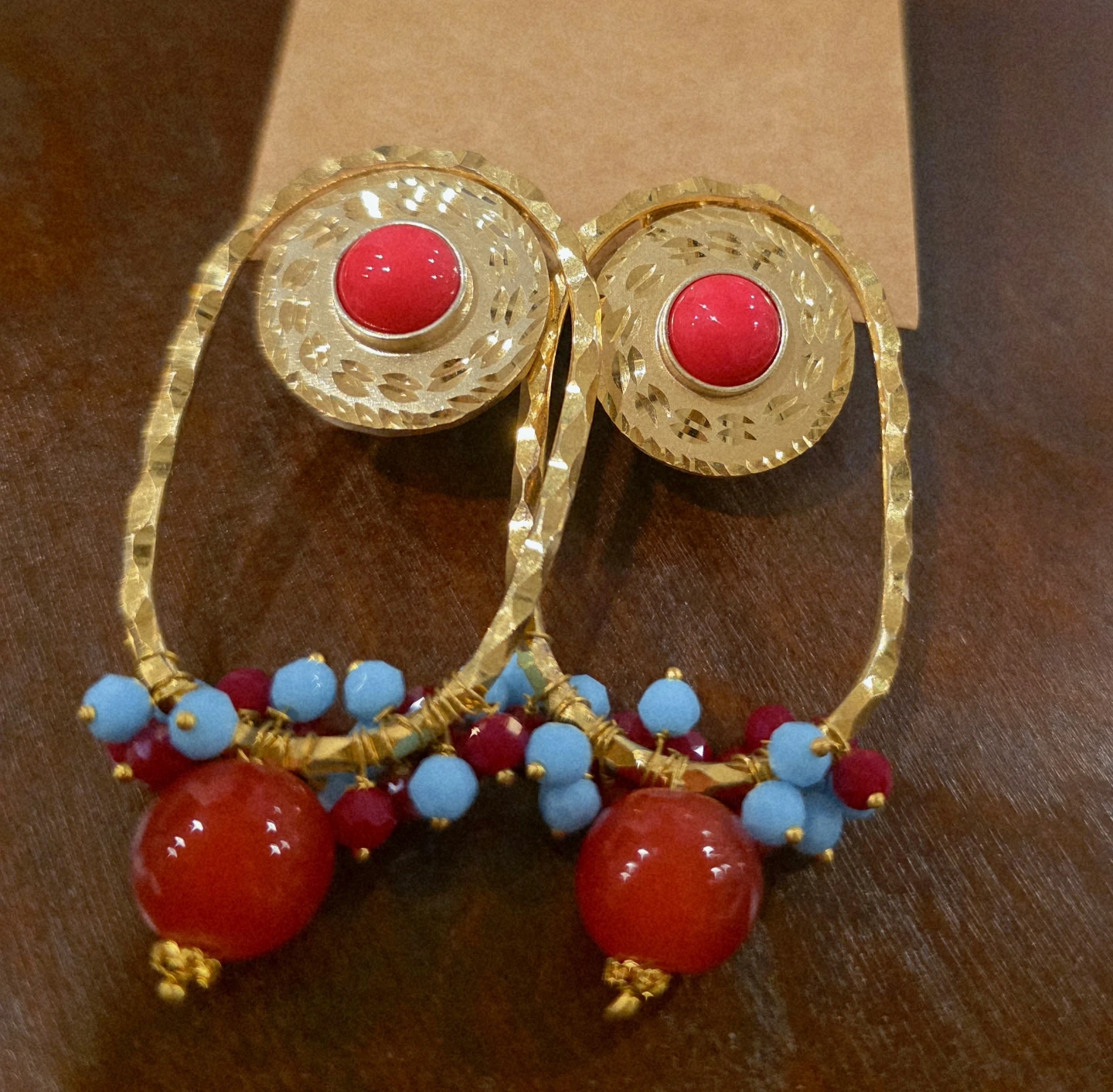 Gold Hoop Earrings with Red and Blue Beads - photo 2