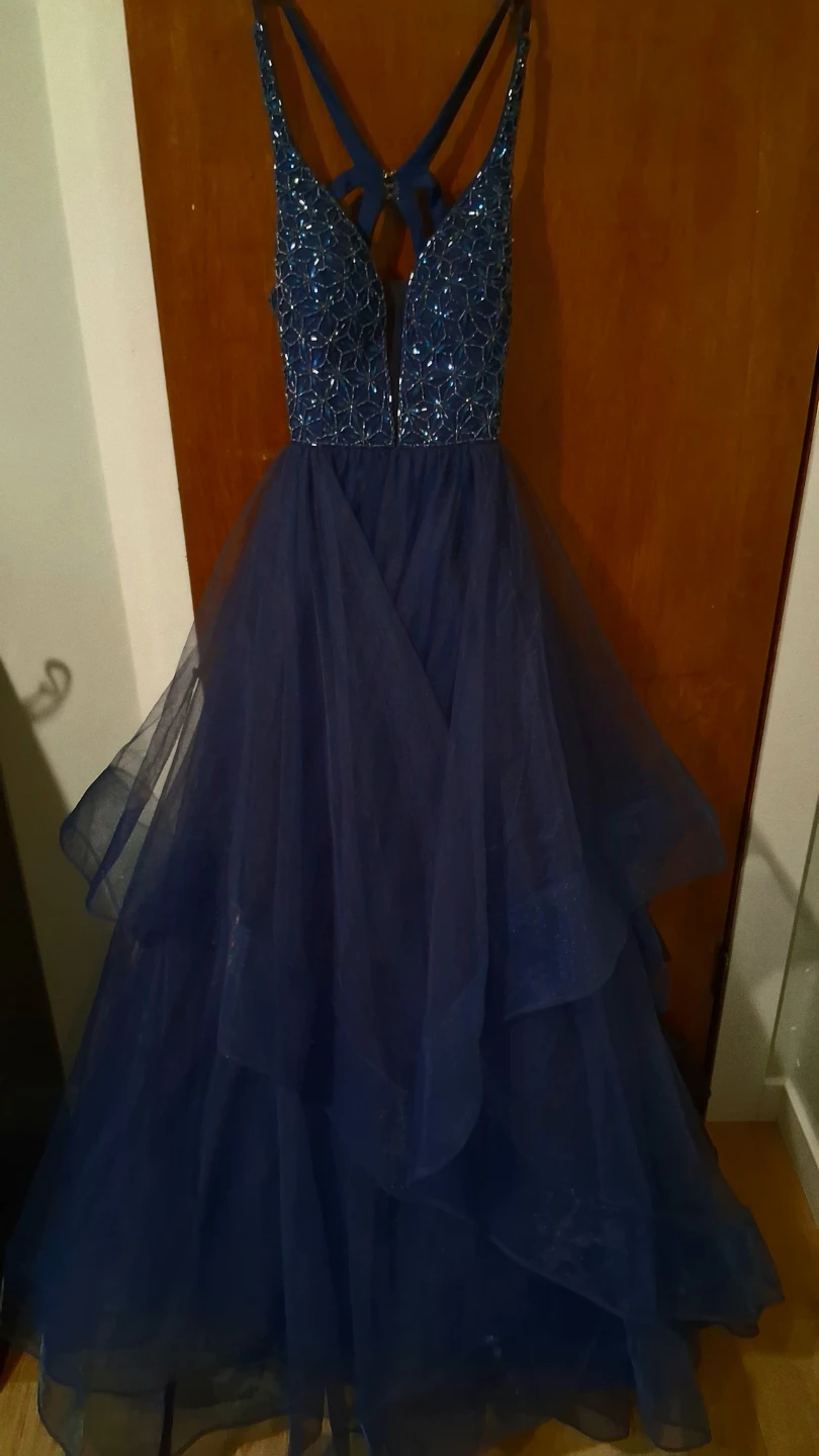 Navy Blue Beaded prom Tulle Gown - photo 4
