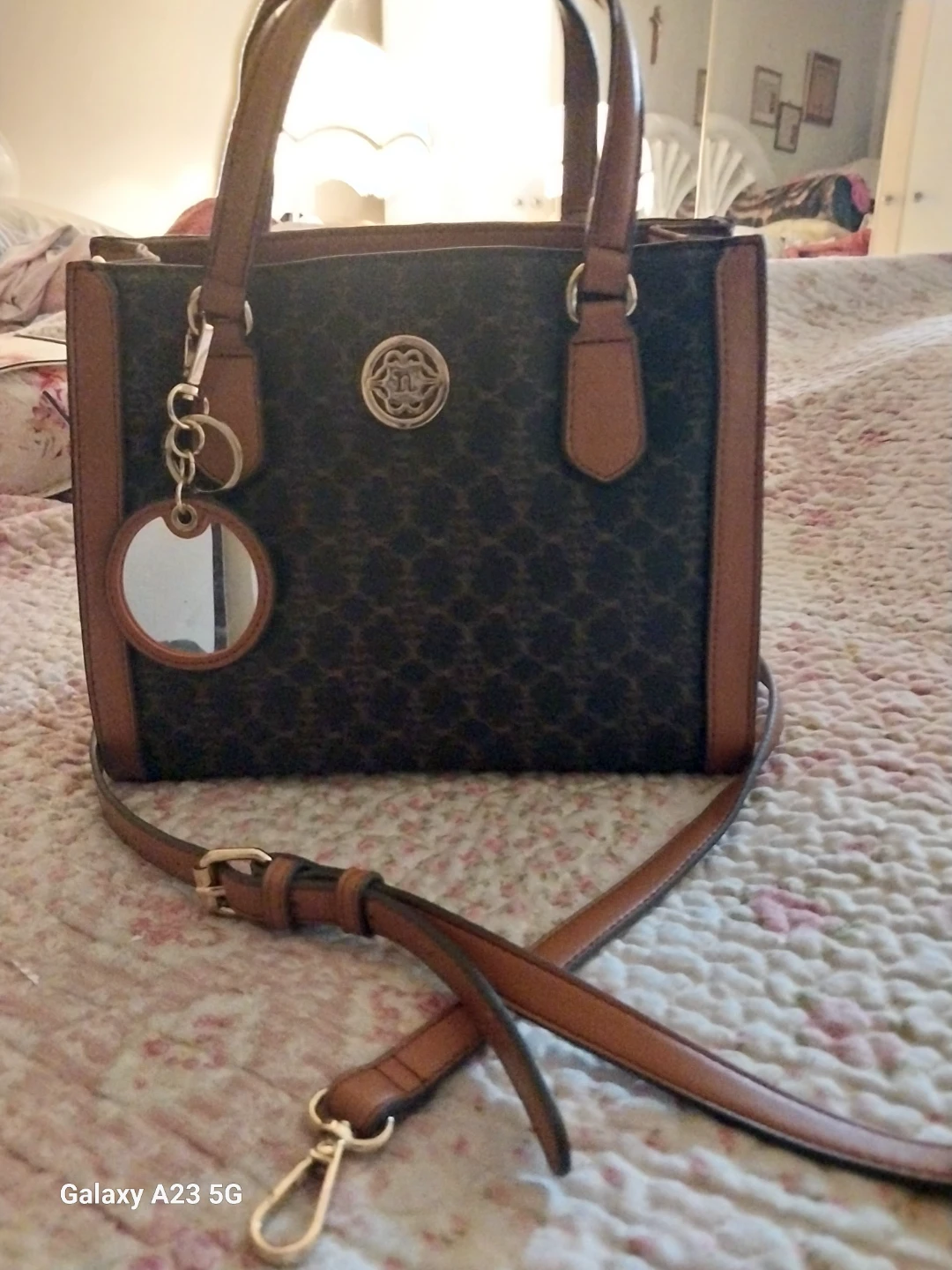 Brown patterned tote bag with tan accents