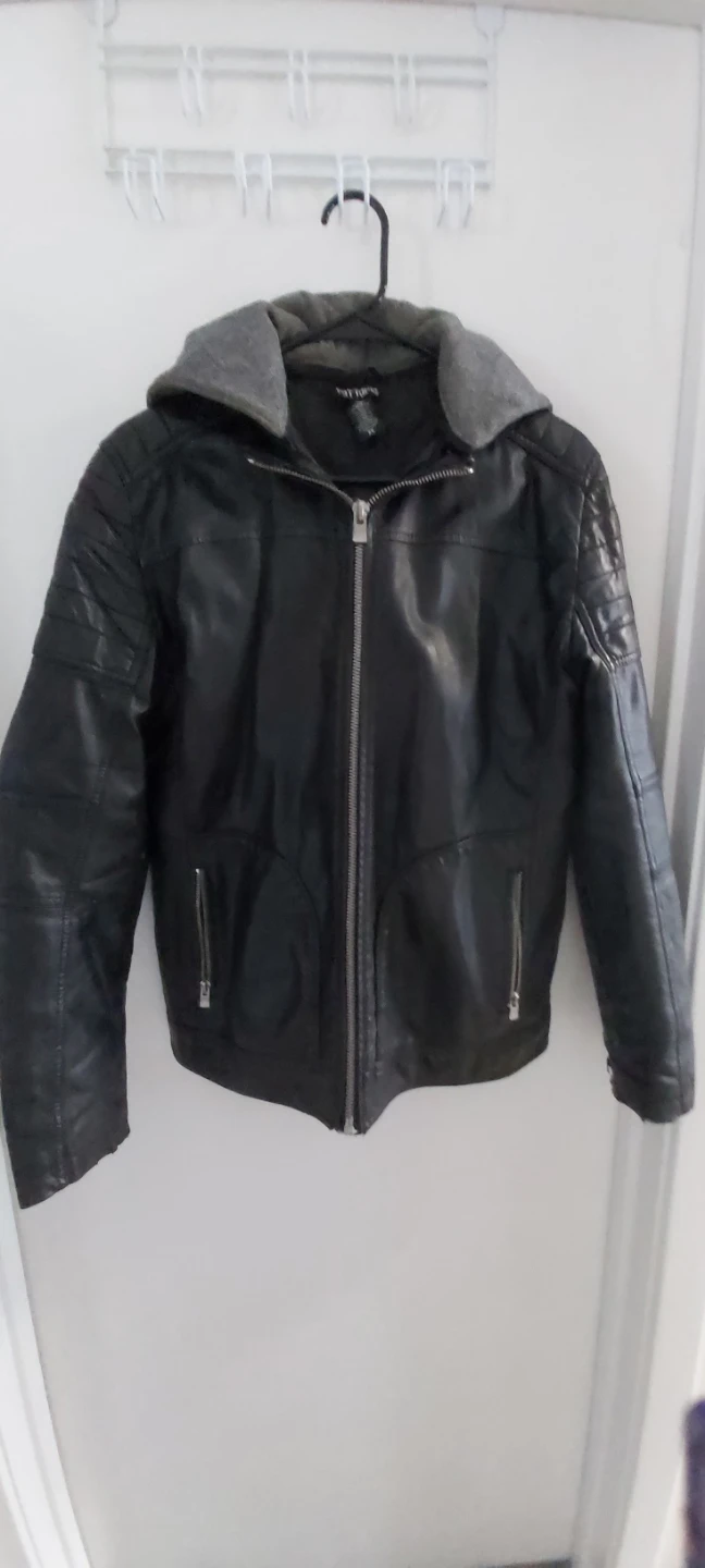 Black Faux Leather Hooded Jacket size xs