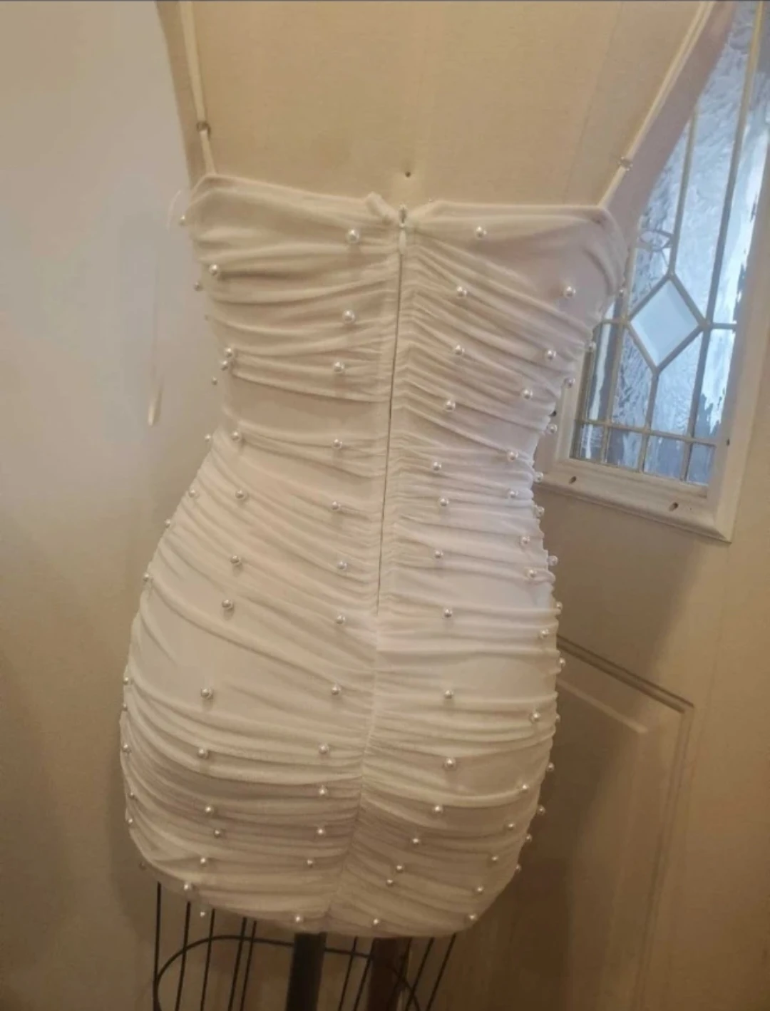 Privy White Ruched Pearl Embellished Strapless Mini Dress Size M - photo 3