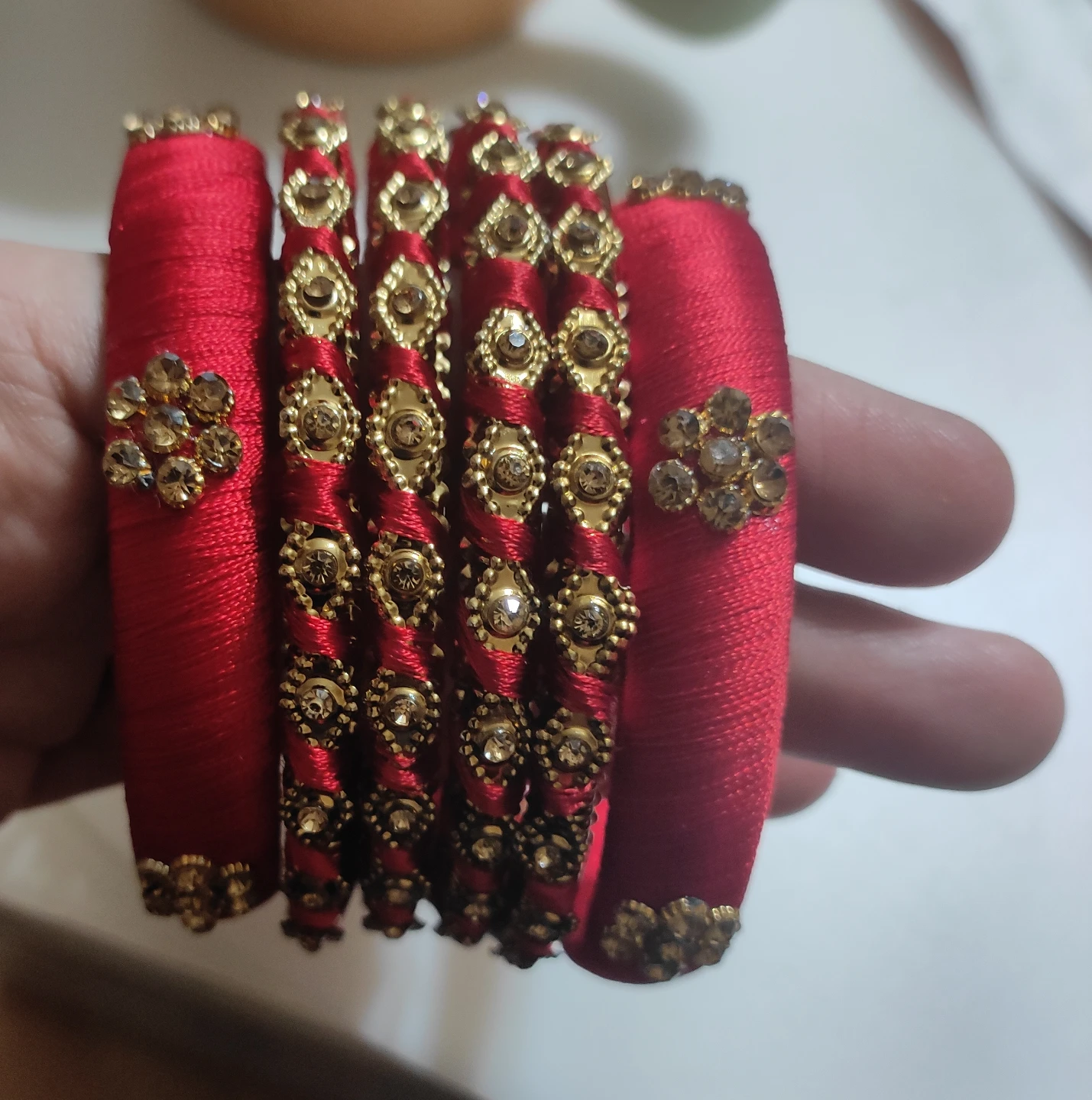 Red Silk Thread Bangles with Rhinestone Embellishments