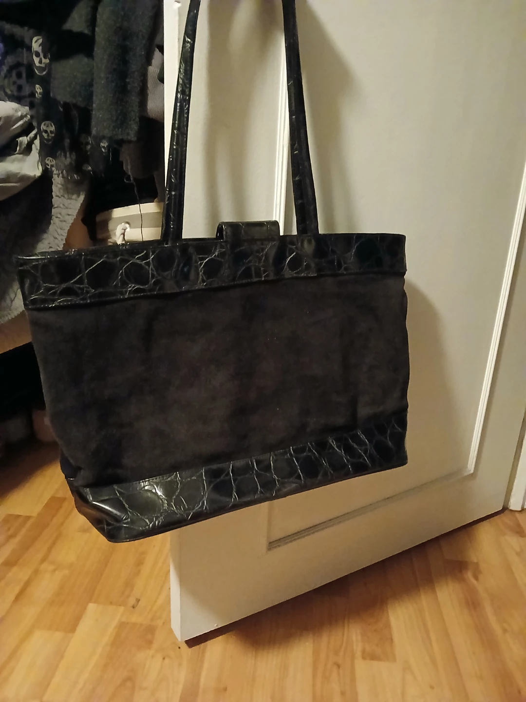 Black Suede& leather Tote Bag with Croc Embossed Accents - photo 2