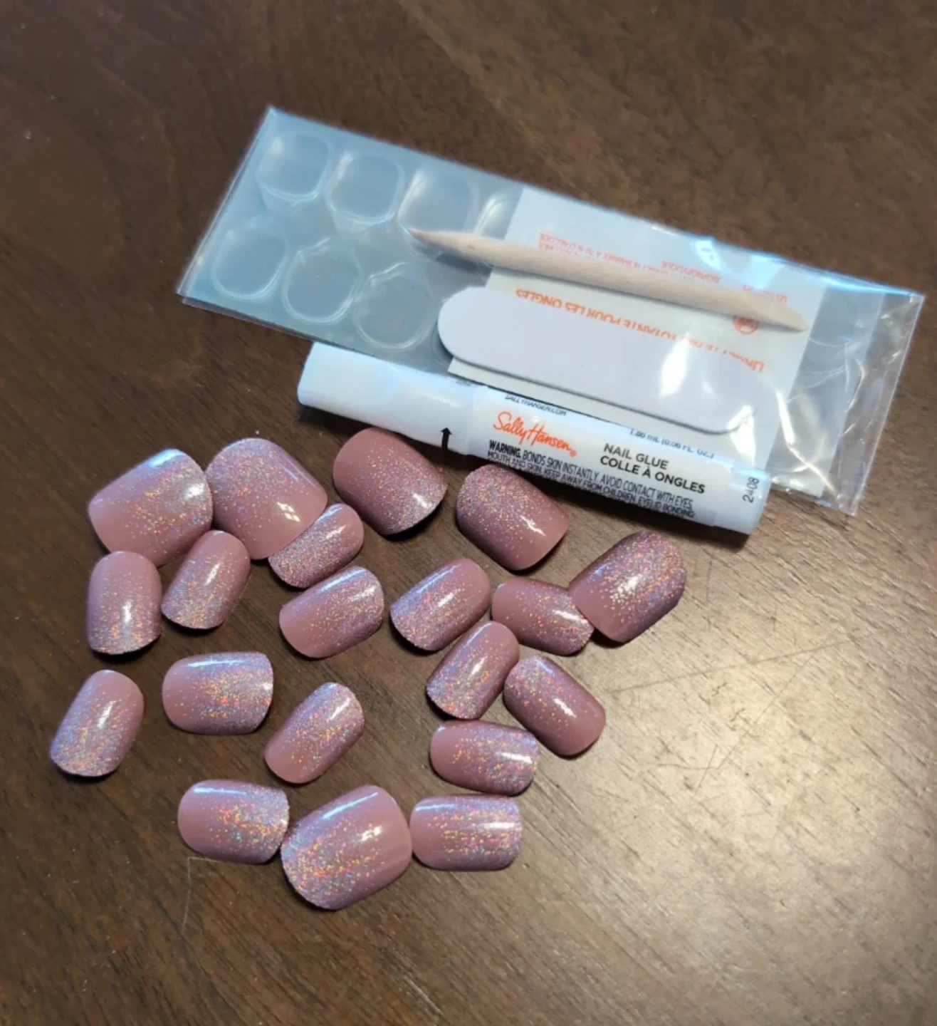 Sally Hansen Pink Glitter Press-On Nails with Glue