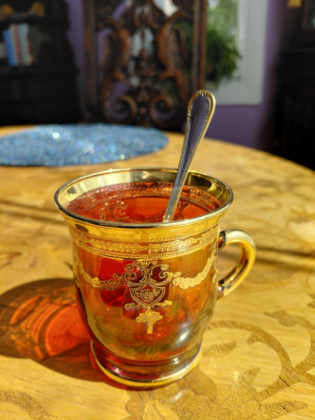 Decorative Amber Glass Cup with Gold Trim