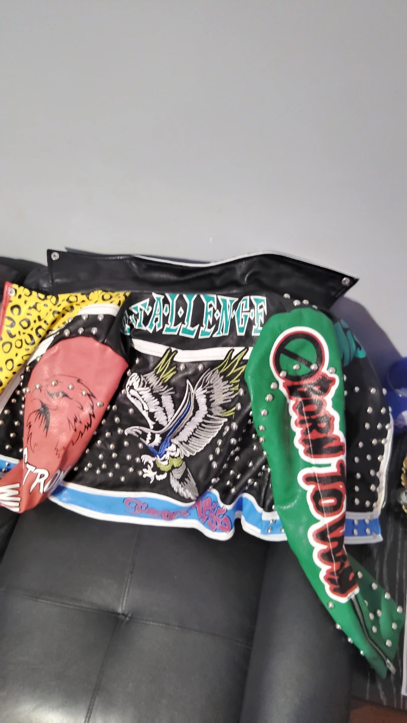 Custom Studded Leather Jacket with Eagle & Text Graphics