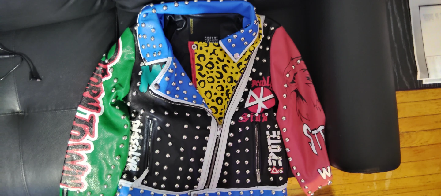 Custom Studded Leather Jacket with Eagle & Text Graphics - photo 4