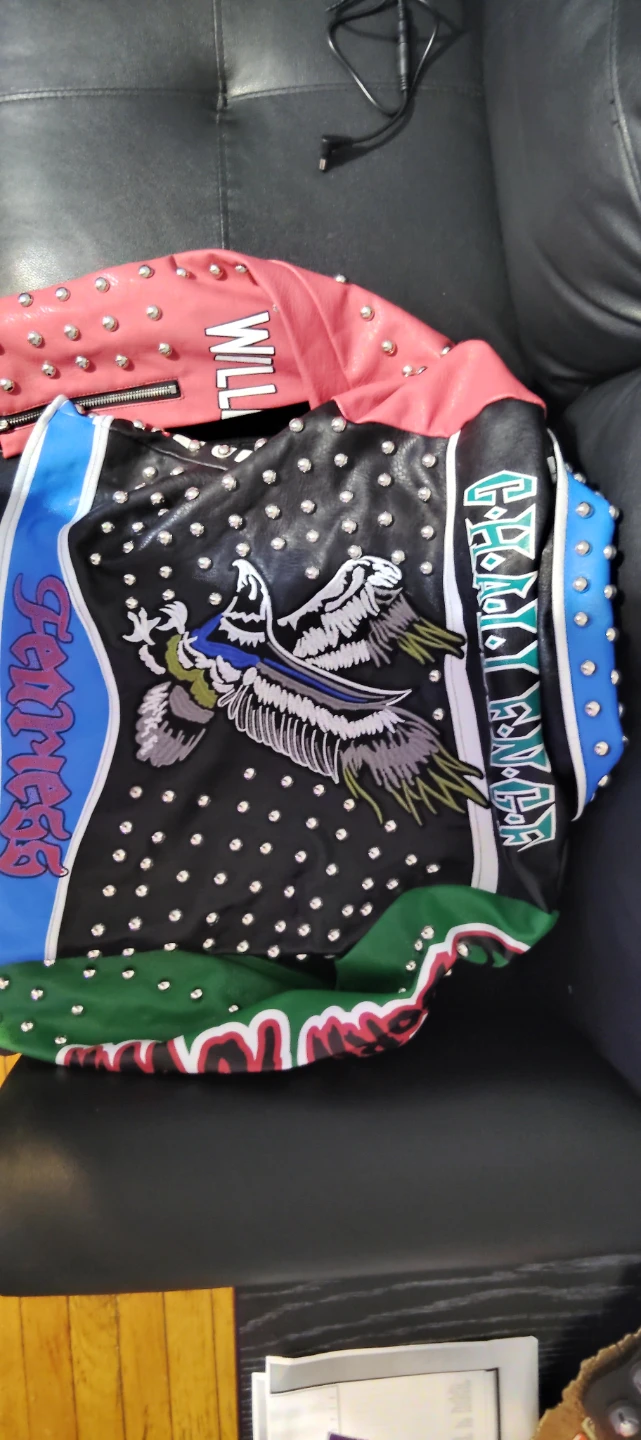 Custom Studded Leather Jacket with Eagle & Text Graphics - photo 5