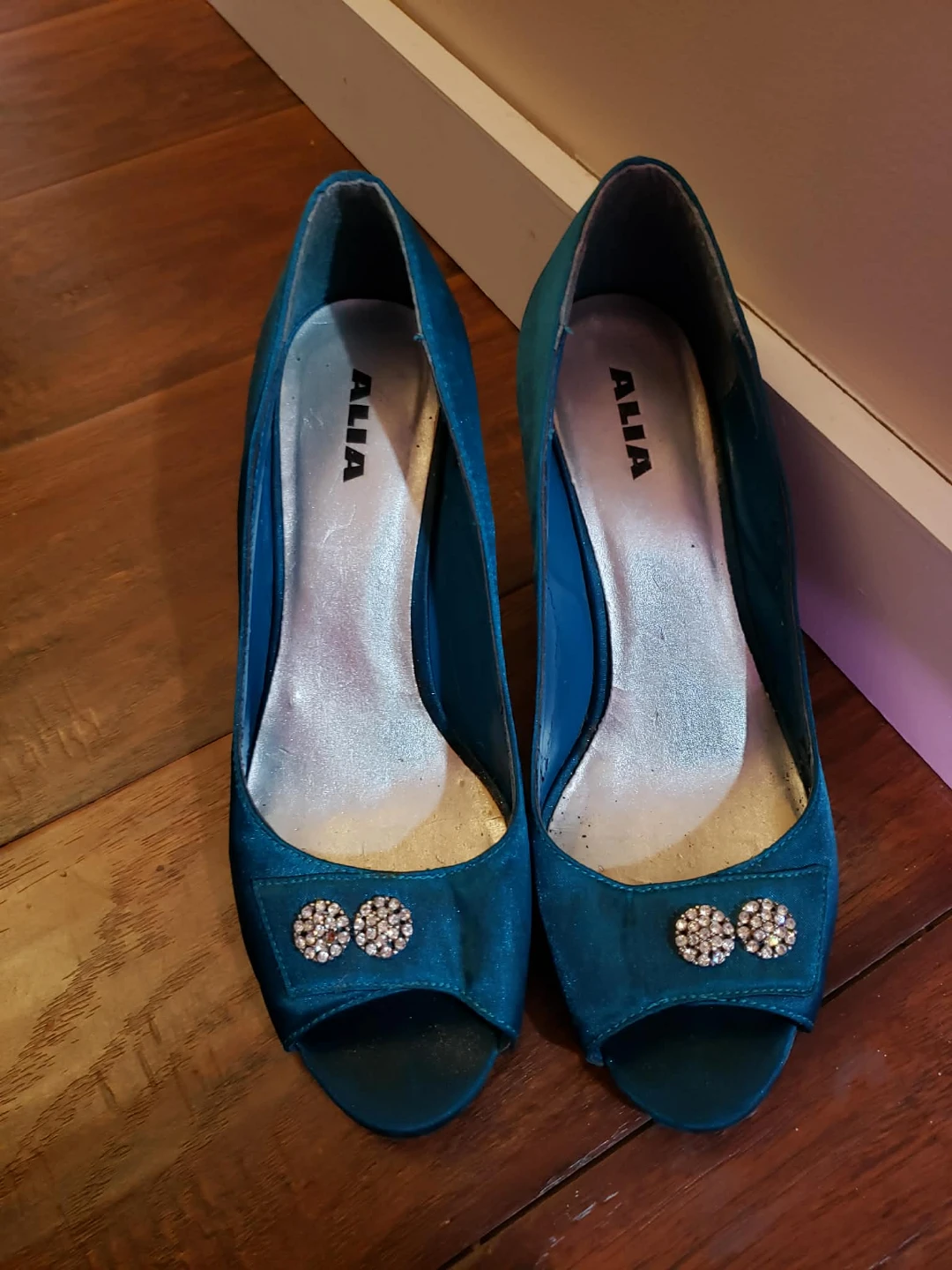 Alia Teal Satin Peep-Toe Heels
