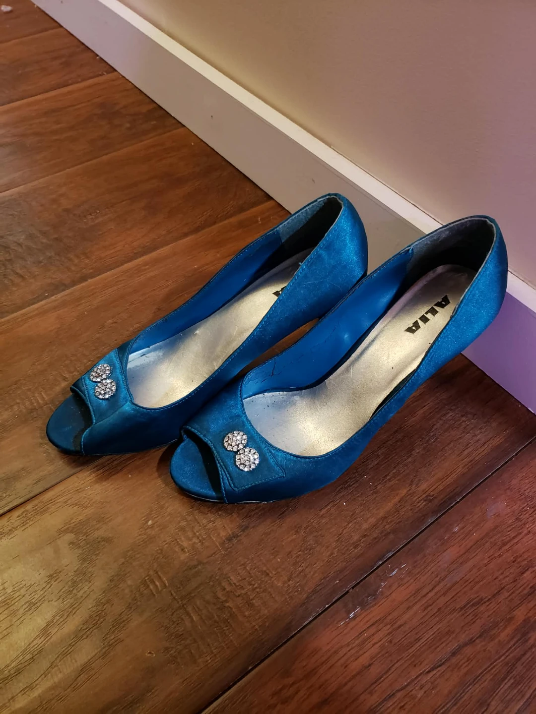 Alia Teal Satin Peep-Toe Heels - photo 2