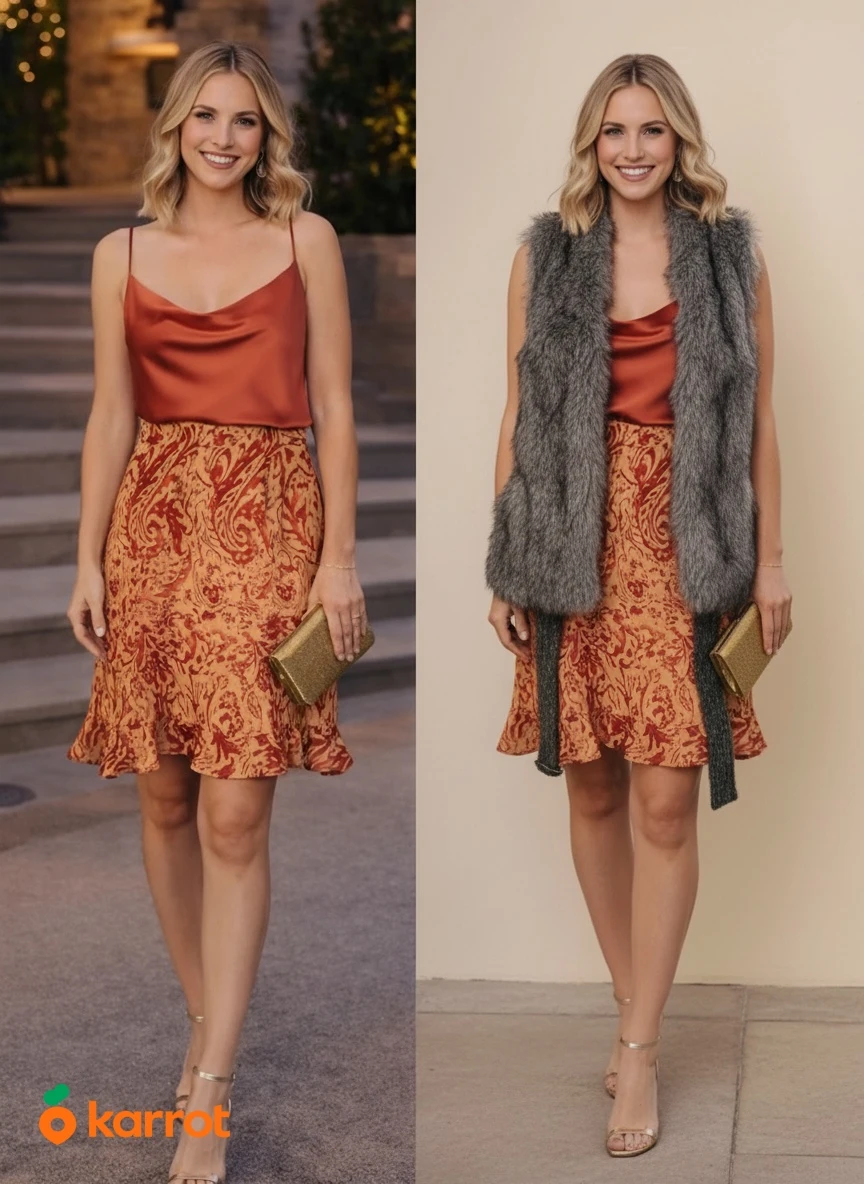 Outfit Bundle – Pattern Skirt + Faux Fur Vest,size 6 and S