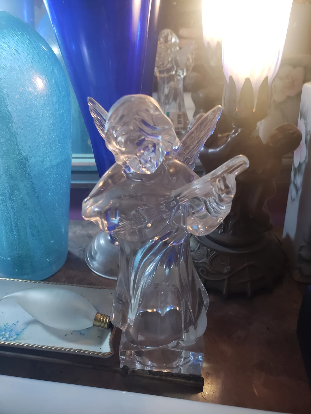 2 Clear Glass Angel Figurines with Lyre