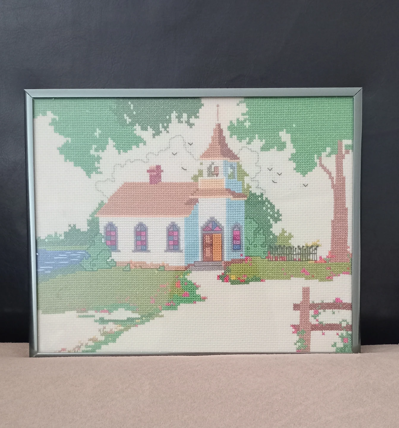 Framed Cross-Stitch Picture of a Church 🤎
