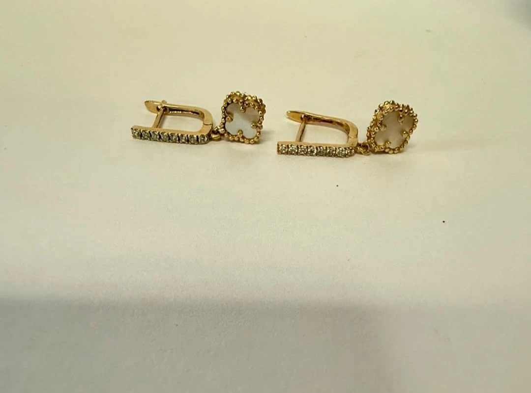 Gold Clover Earrings with Diamonds and Mother of Pearl