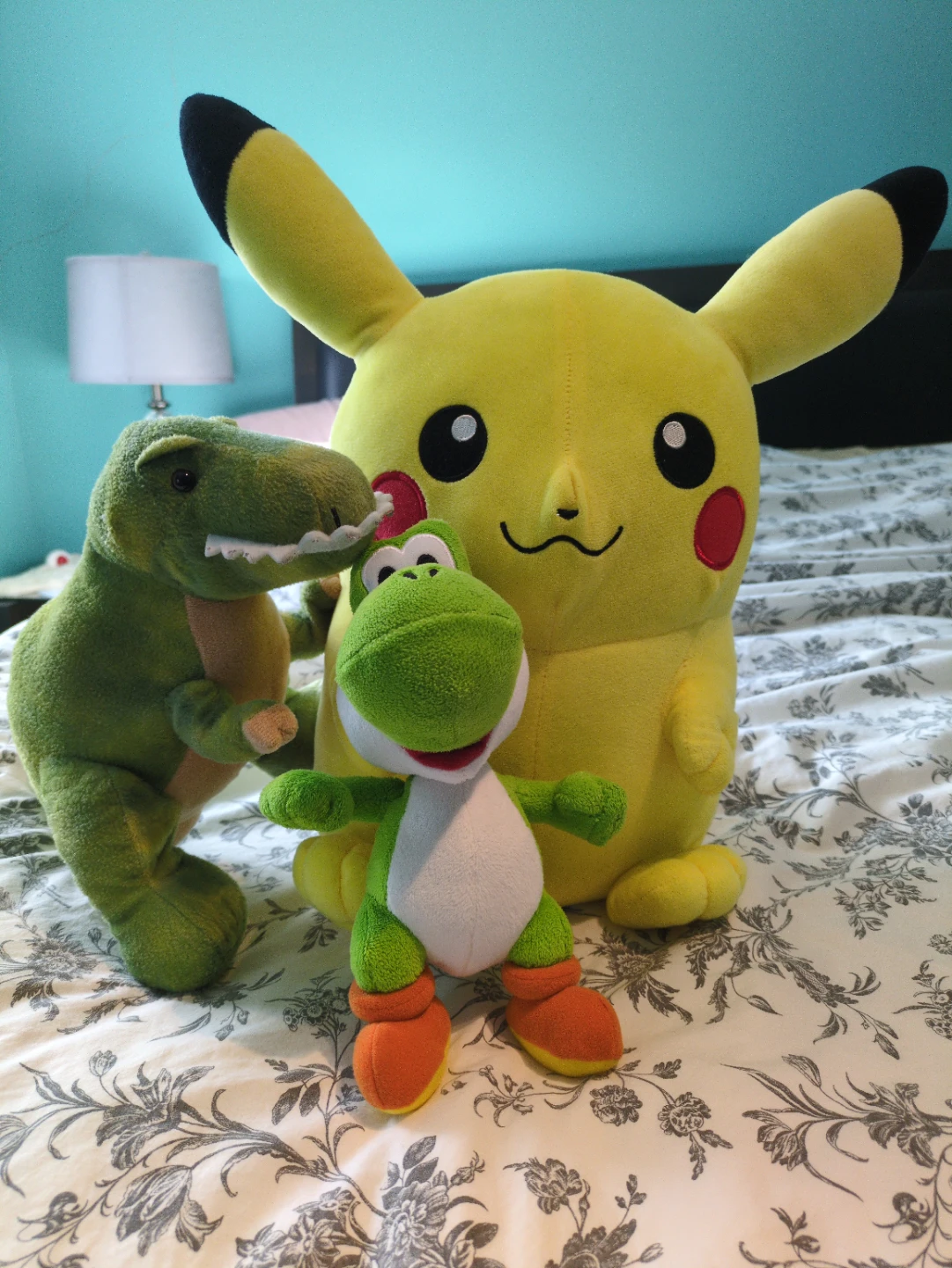 Pikachu, Yoshi, and T-Rex Plush Toys