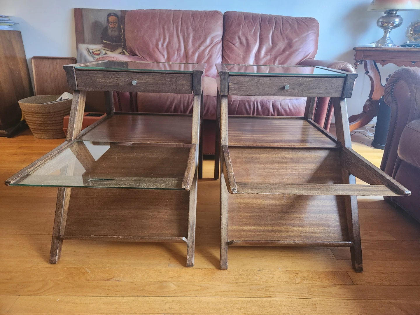 AUTH MCM Pair of BROWN SALTMAN Magazine Side tables