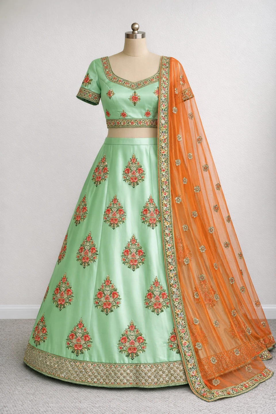 Light Green Embroidered Lehenga Choli Set with Orange Dupatta - photo 4