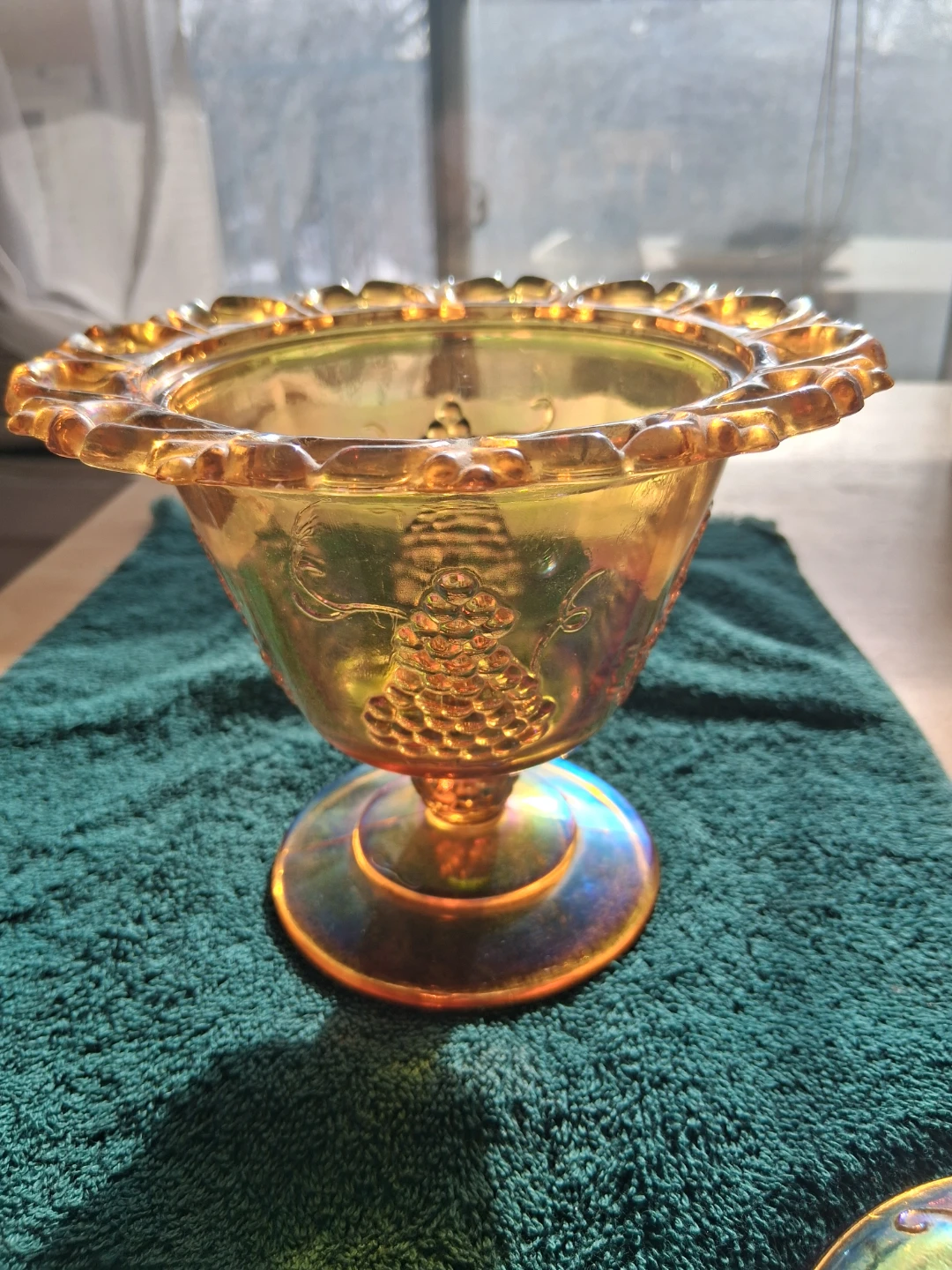 Amber Carnival Glass Covered Dish with Grape Pattern - photo 2