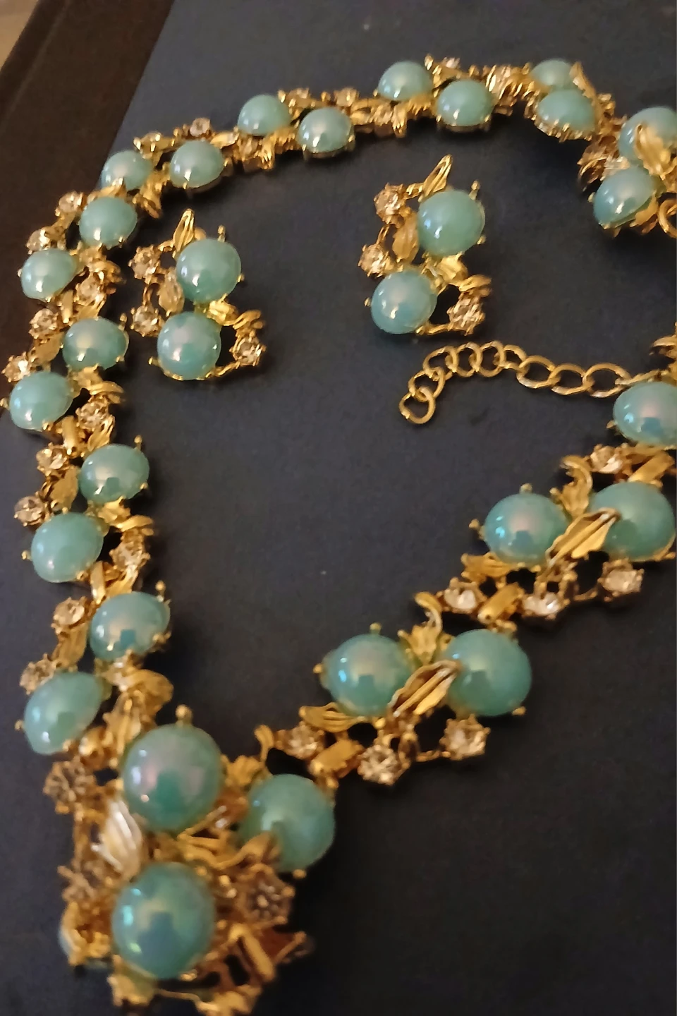 Vintage Gold Tone Necklace and Earring Set with Blue Beads