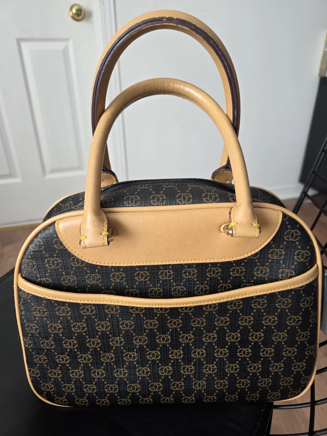Vintage Tan and Black Monogram Satchel Handbag