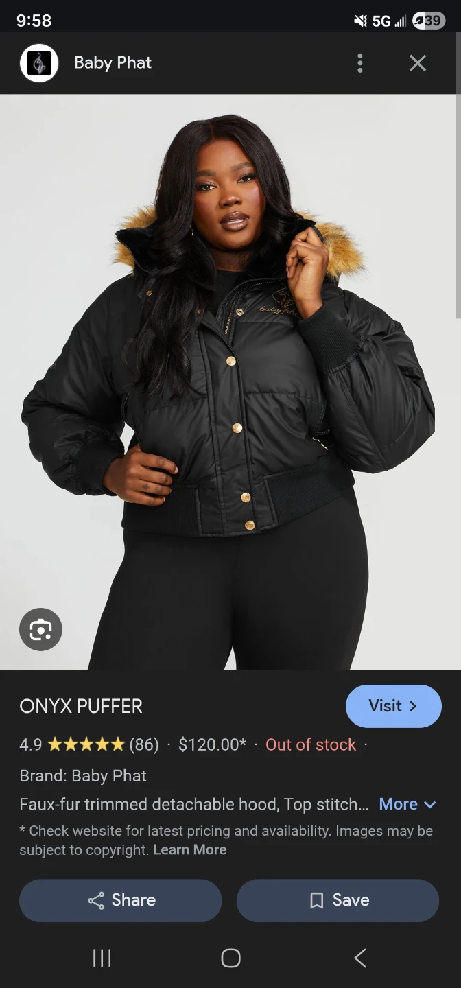 Baby Phat Onyx Puffer Jacket with Faux Fur Trim