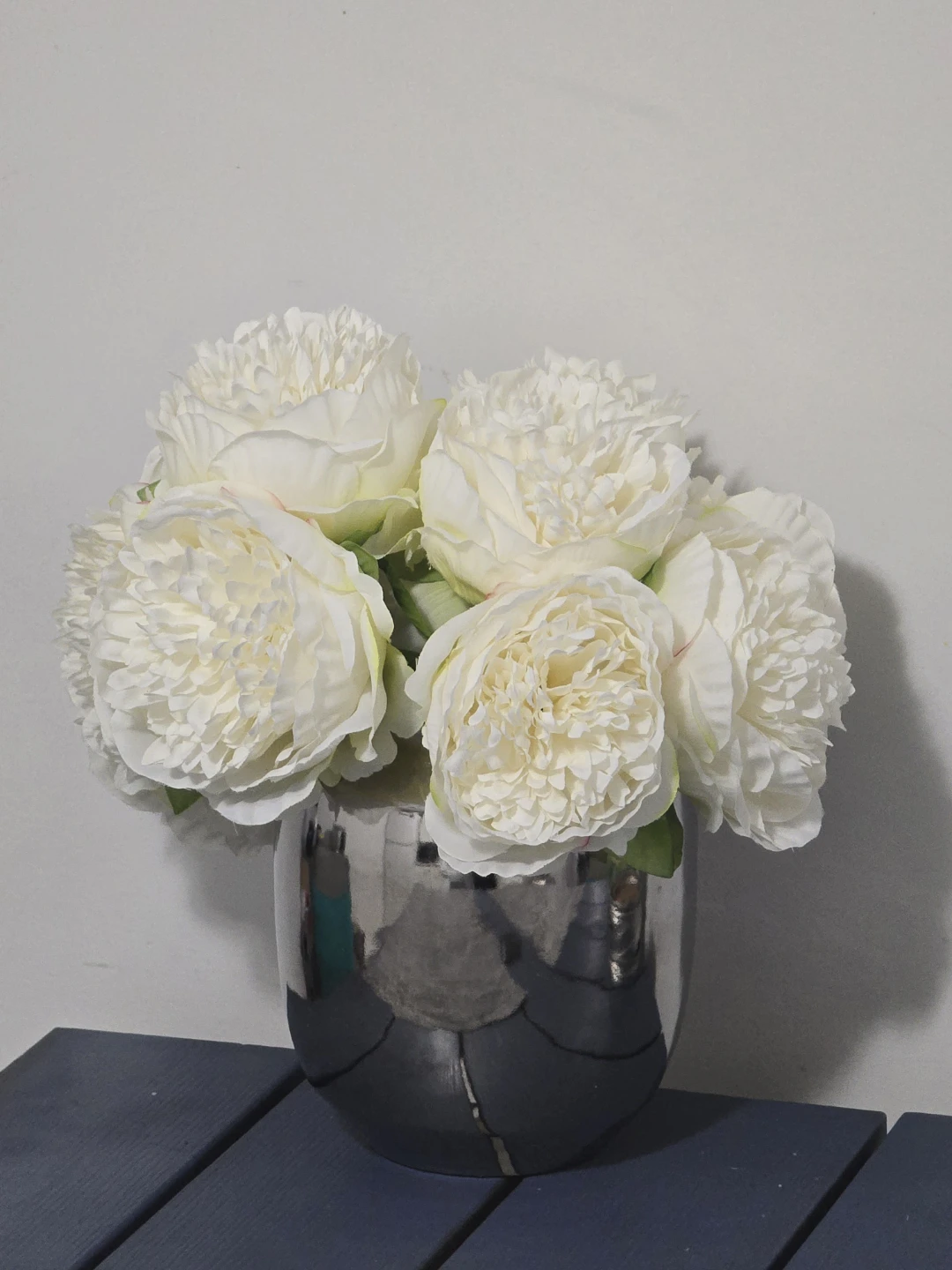 Artificial White Peonies in Silver Vase