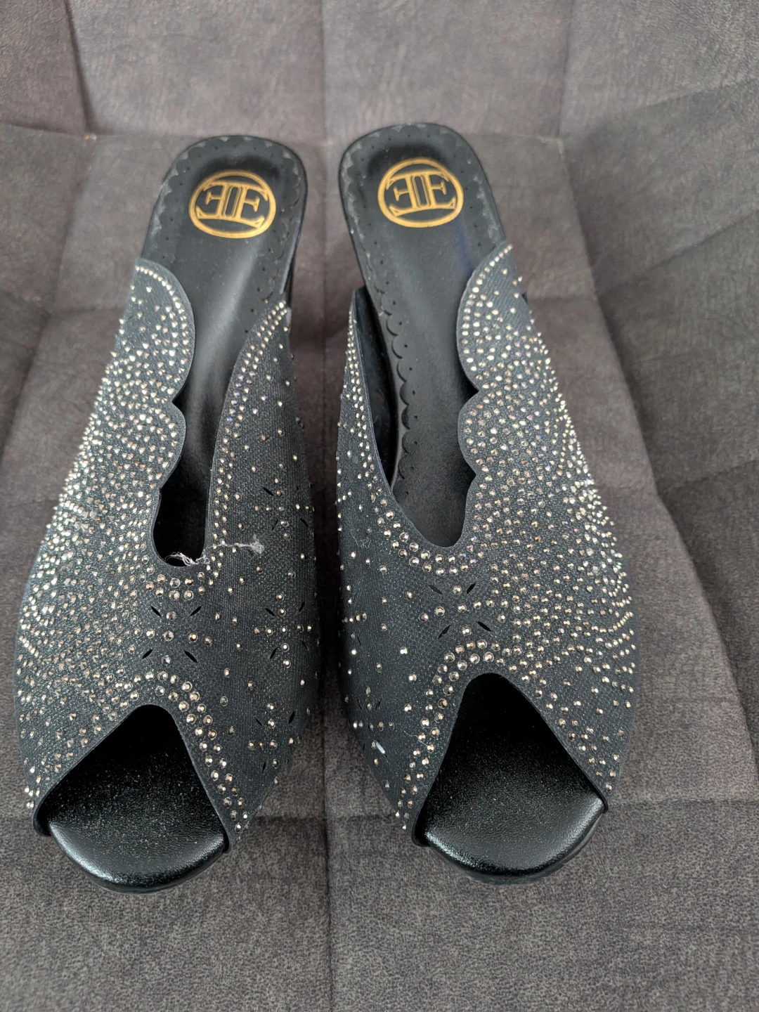 Black Embellished Mules with Clear Block Heels