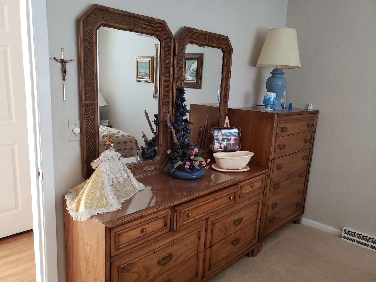 Brown Bamboo Style Dresser and Matching Chest of Drawers Set - photo 2