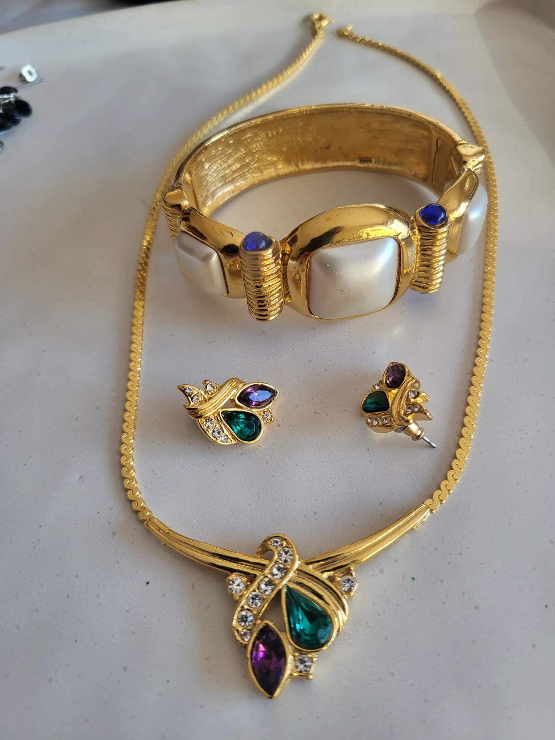 Gold Tone Necklace, Bracelet, and Earrings Set with Rhinestones