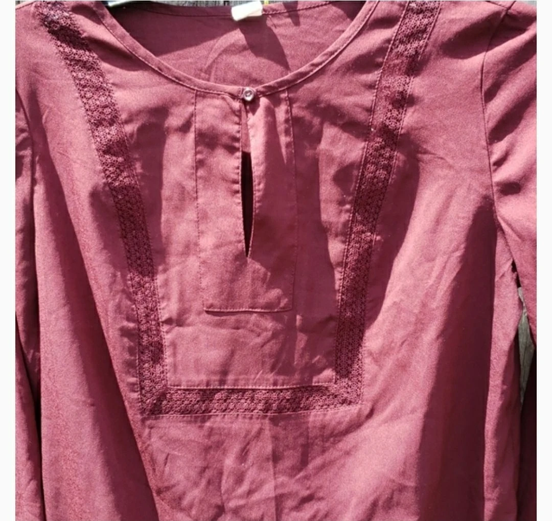 Maroon Lace Trim Long Sleeve Blouse - photo 2