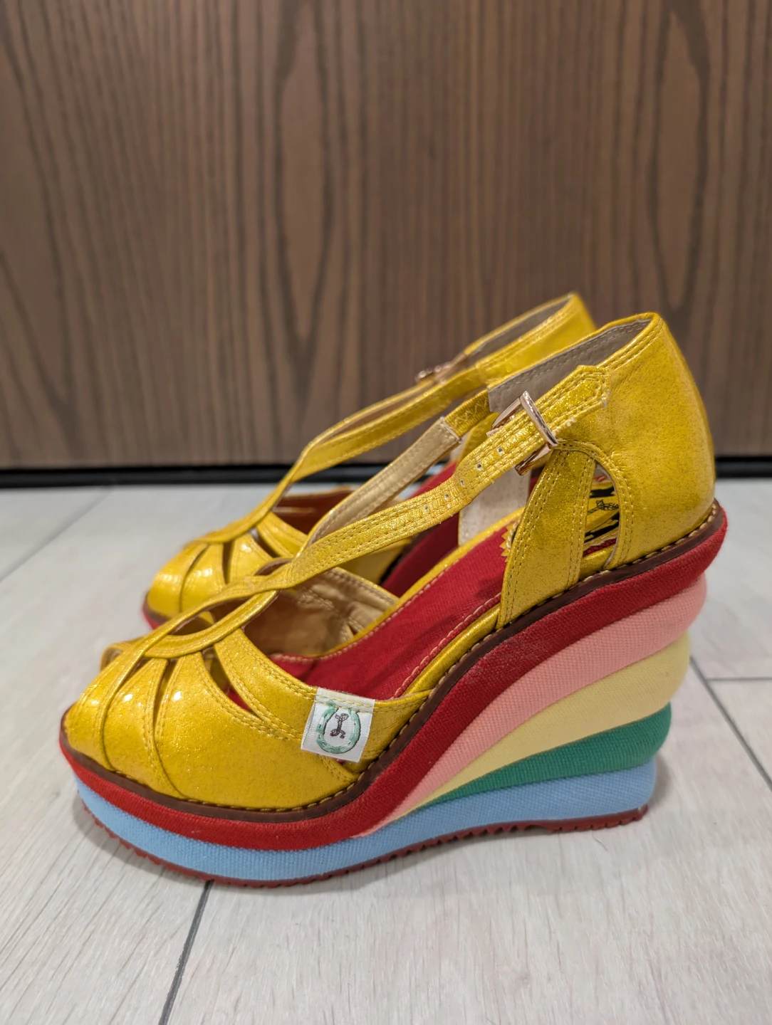 Womens Golden Yellow and Rainbow Wedge Shoes