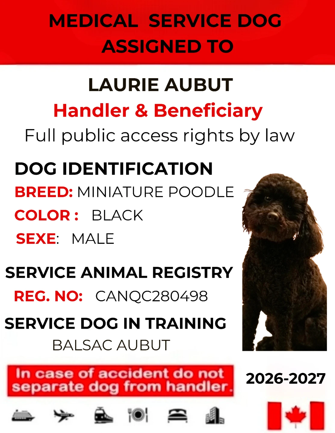Carte d'identité de chien d'assistance