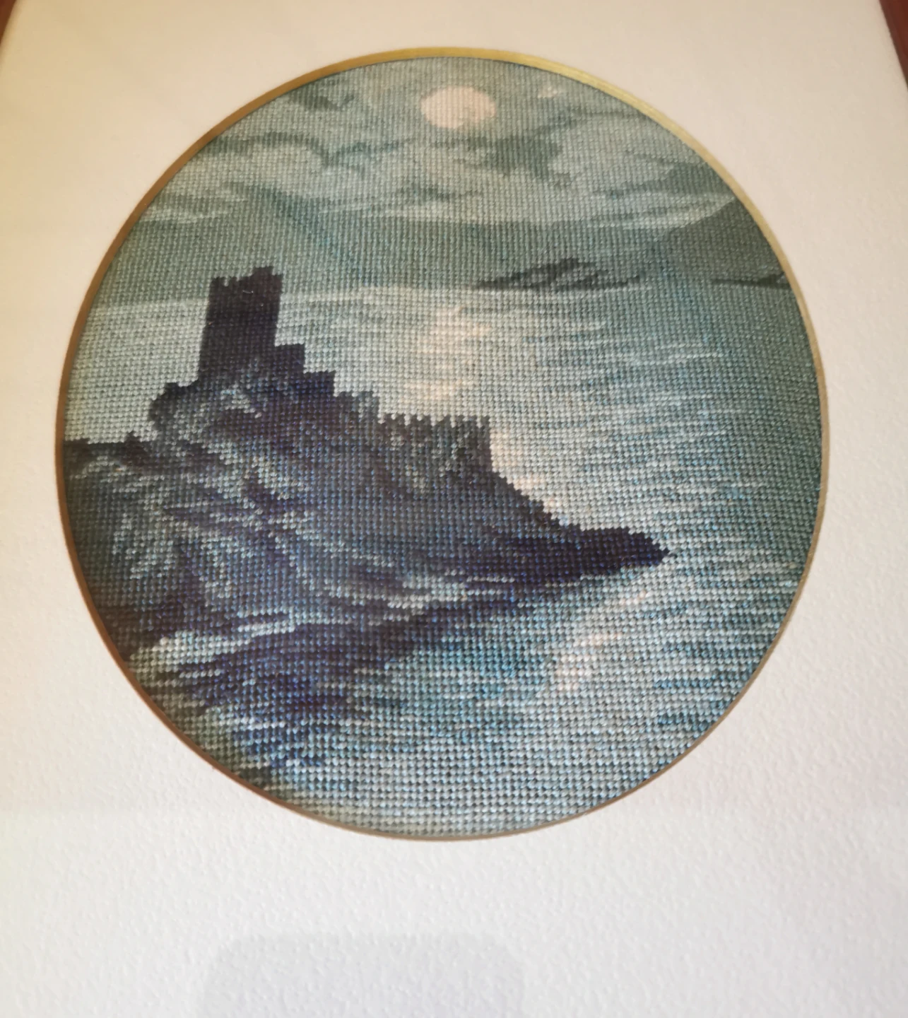 Vintage Framed Needlepoint Coastal Castle Seascape Wall Art - photo 2
