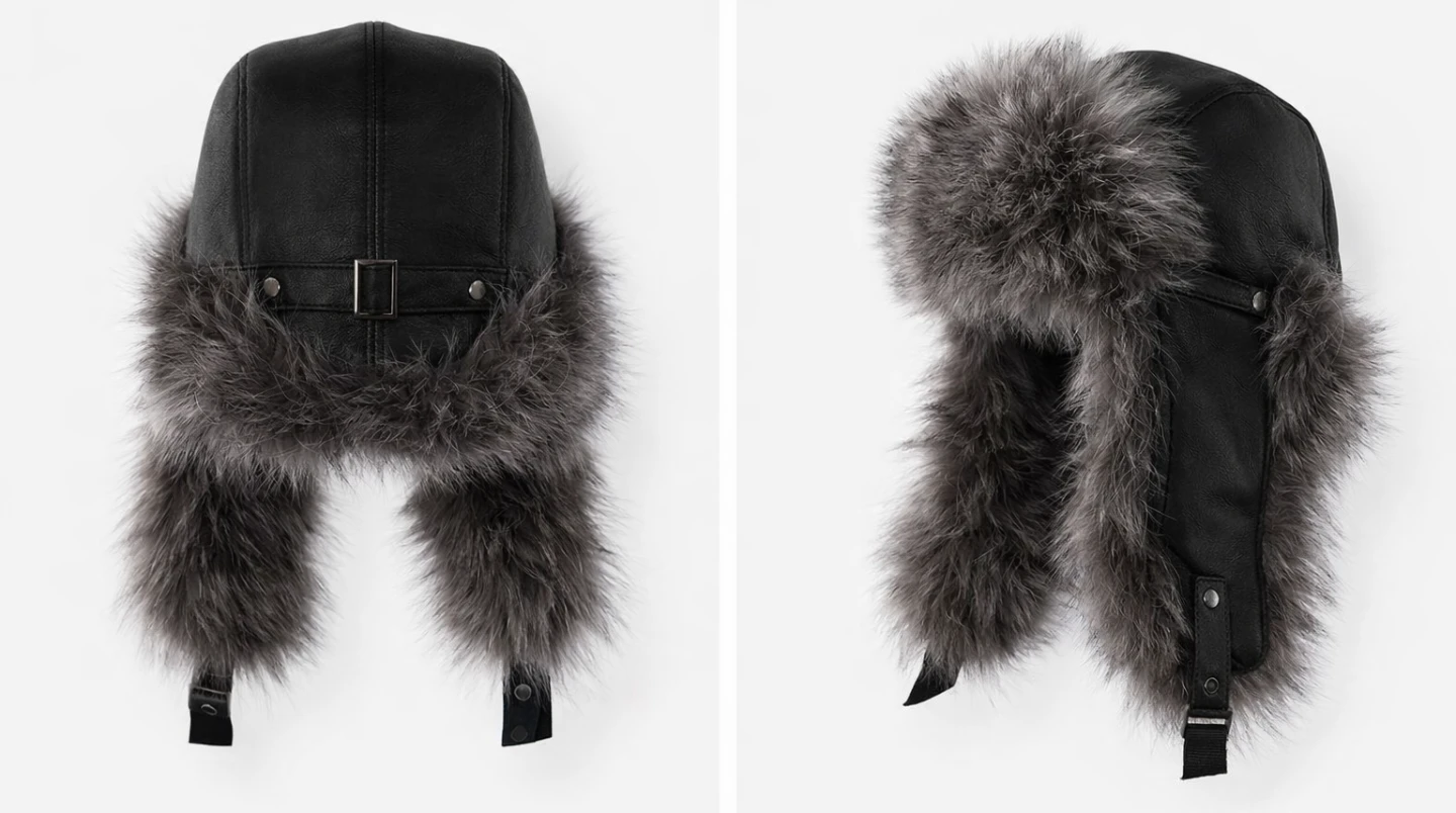 FRR Canada Black Leather Trapper Hat with Fur Trim S/M