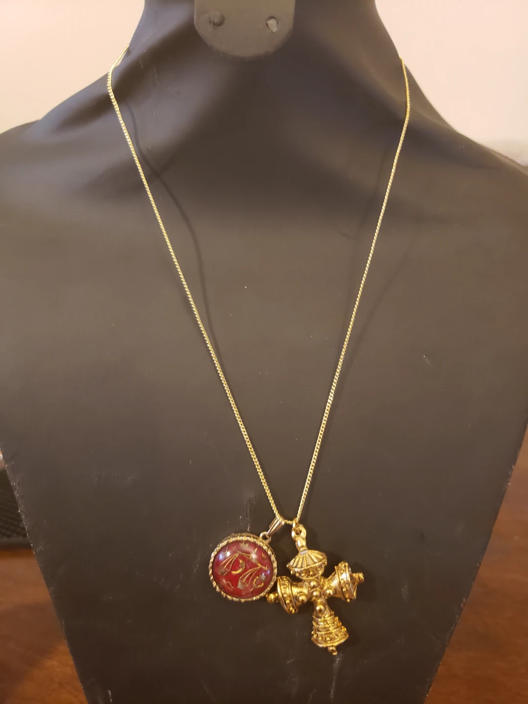 Gold Tone Necklace with Cross and Zodiac Charm