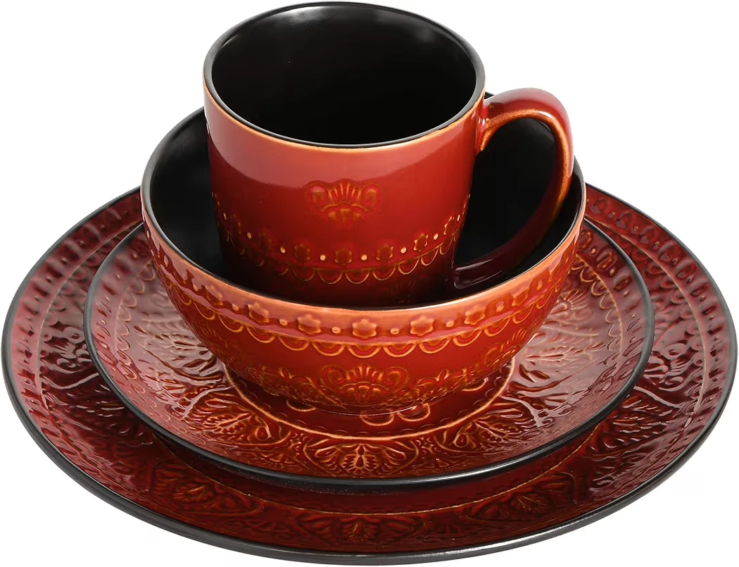 Red Embossed Ceramic Dinnerware Set - photo 2