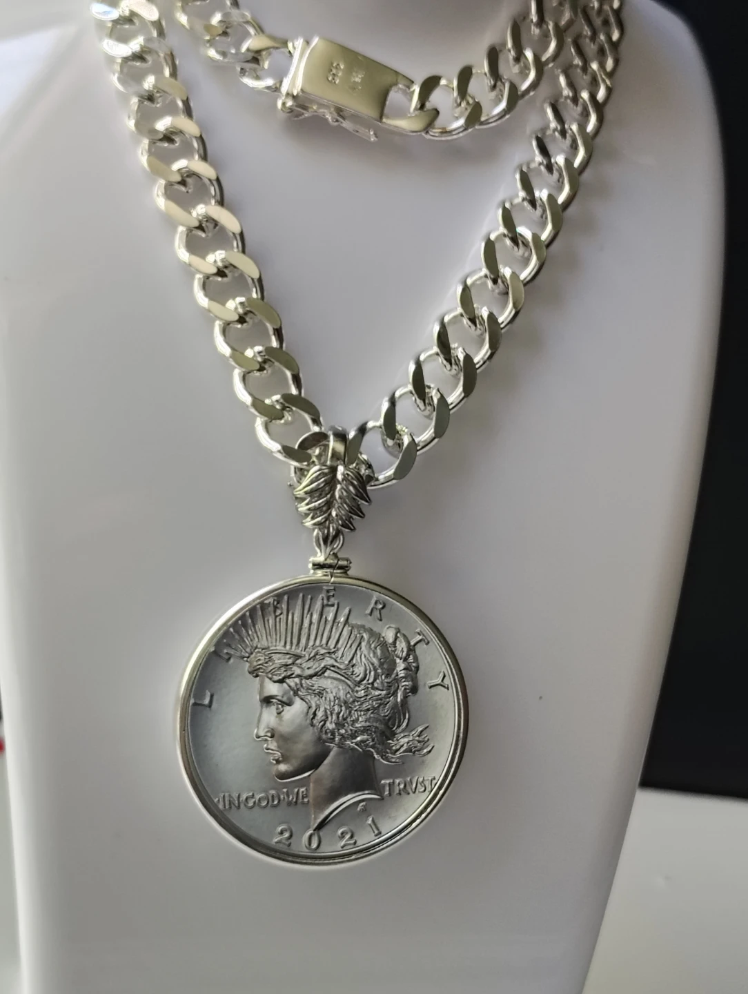 Silver Peace Dollar Pendant Necklace with Cuban Chain - photo 3
