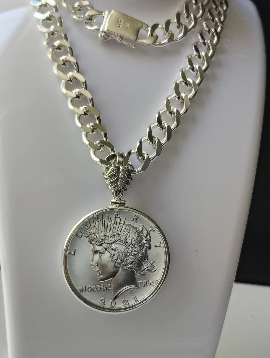 Silver Peace Dollar Pendant Necklace with Cuban Chain - photo 4