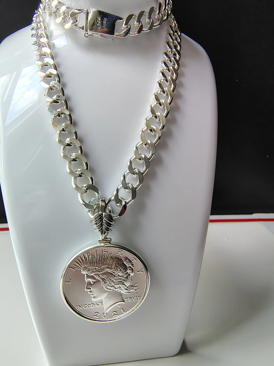 Silver Peace Dollar Pendant Necklace with Cuban Chain - photo 5
