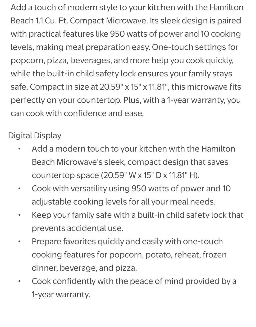 Hamilton Beach 1.1 Cu. ft. Compact Microwave - photo 2