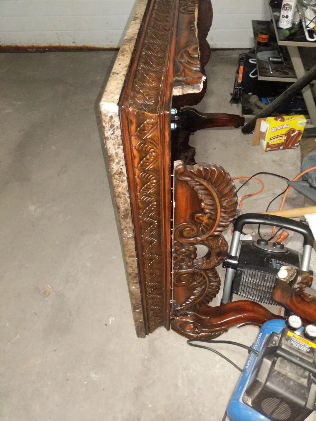 Marble Top Console Table with Ornate Carved Wood Base