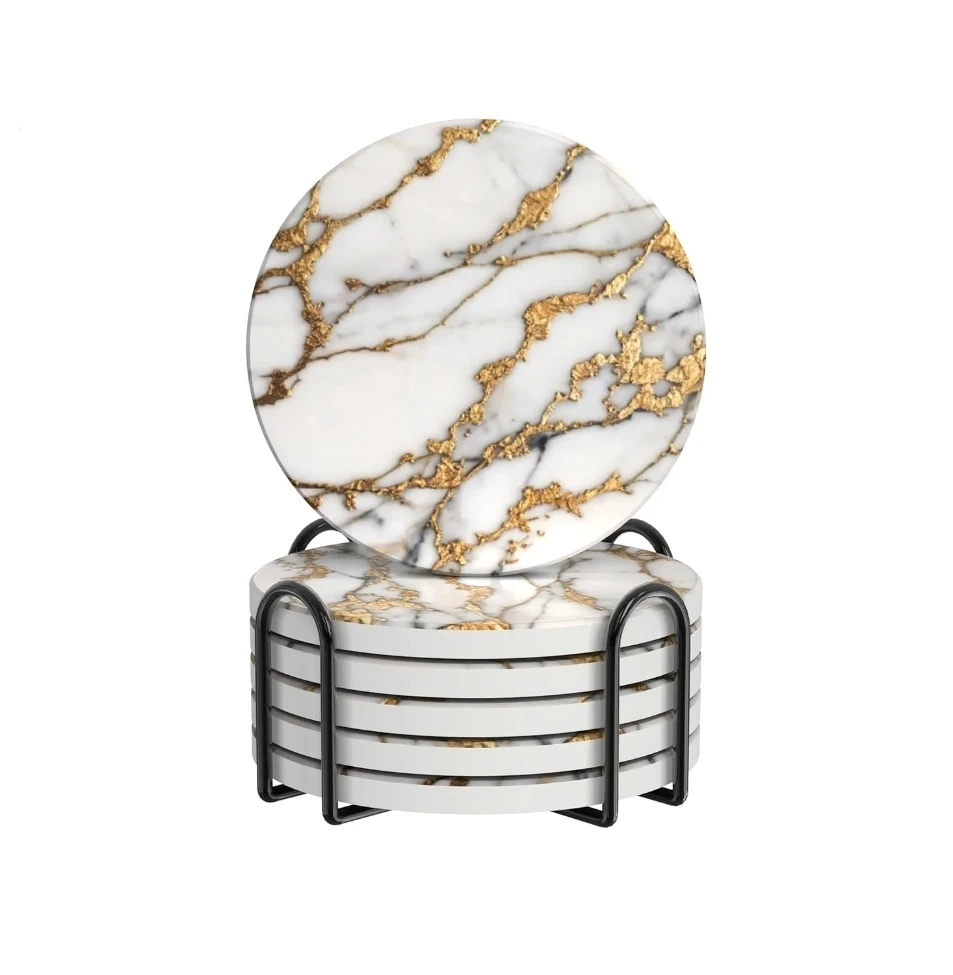 Ceramic Drink Coasters Set of 6 with Holder Absorbent Cork Base