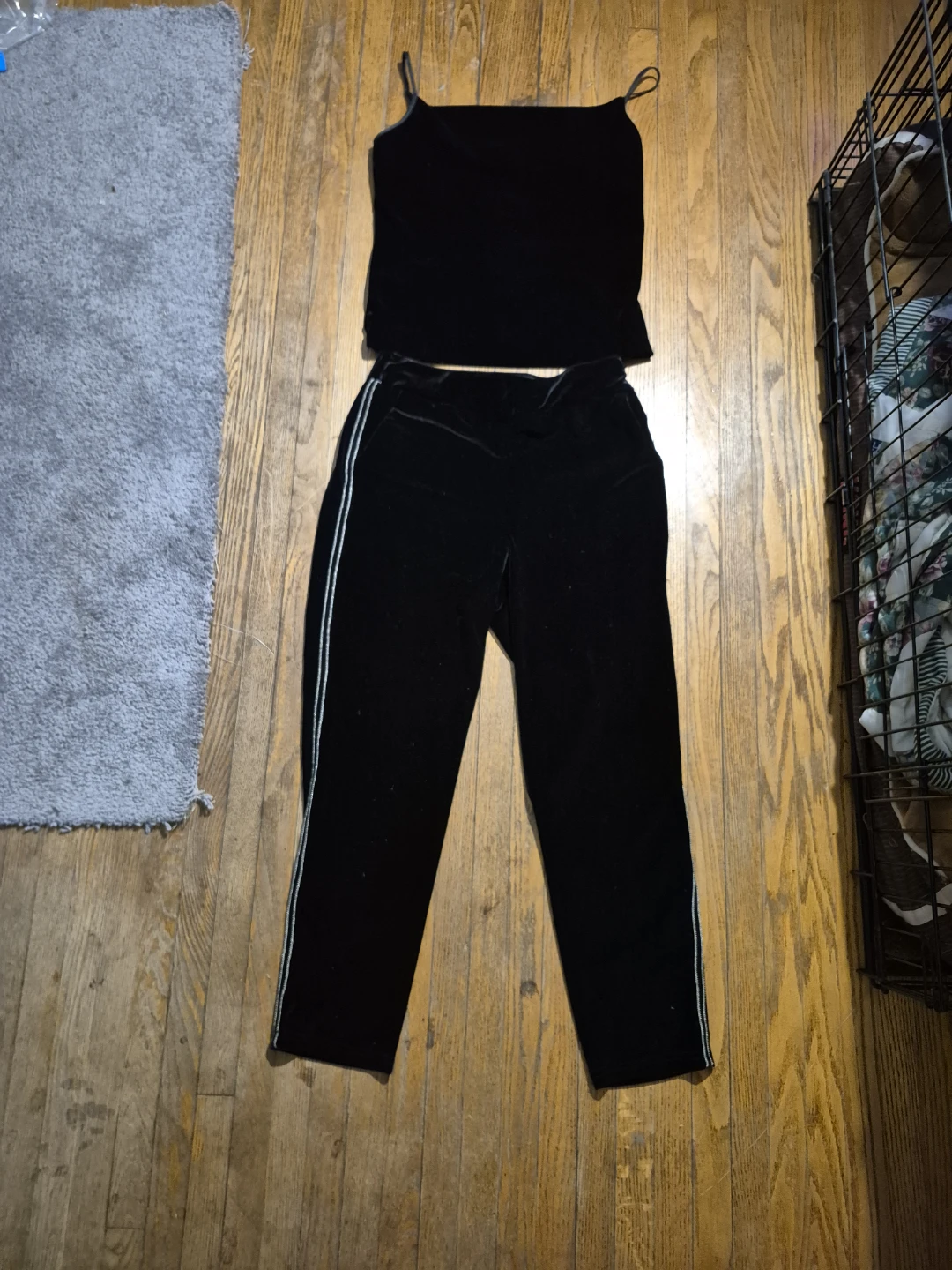 Black Velour Track Pants with Side Stripe