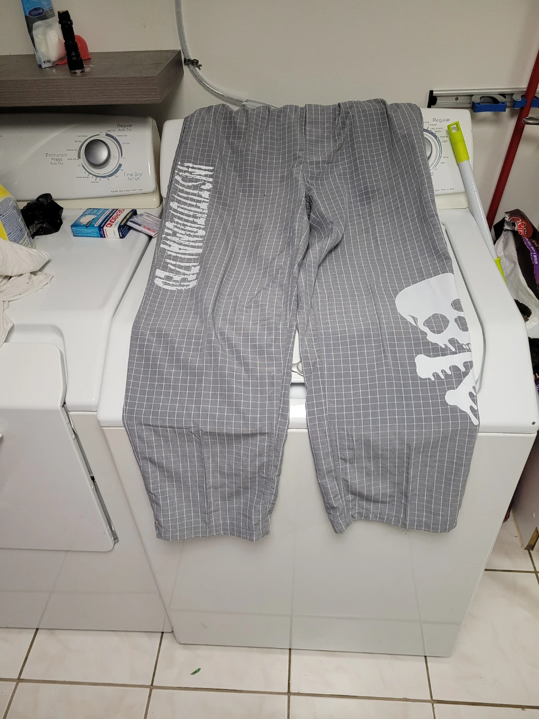 Grey Plaid Pajama Pants with Skull Graphic