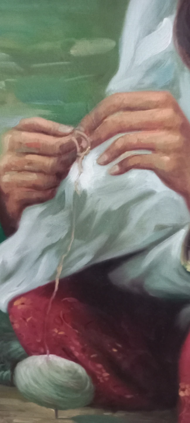 Framed Oil Painting of Woman Knitting - photo 2