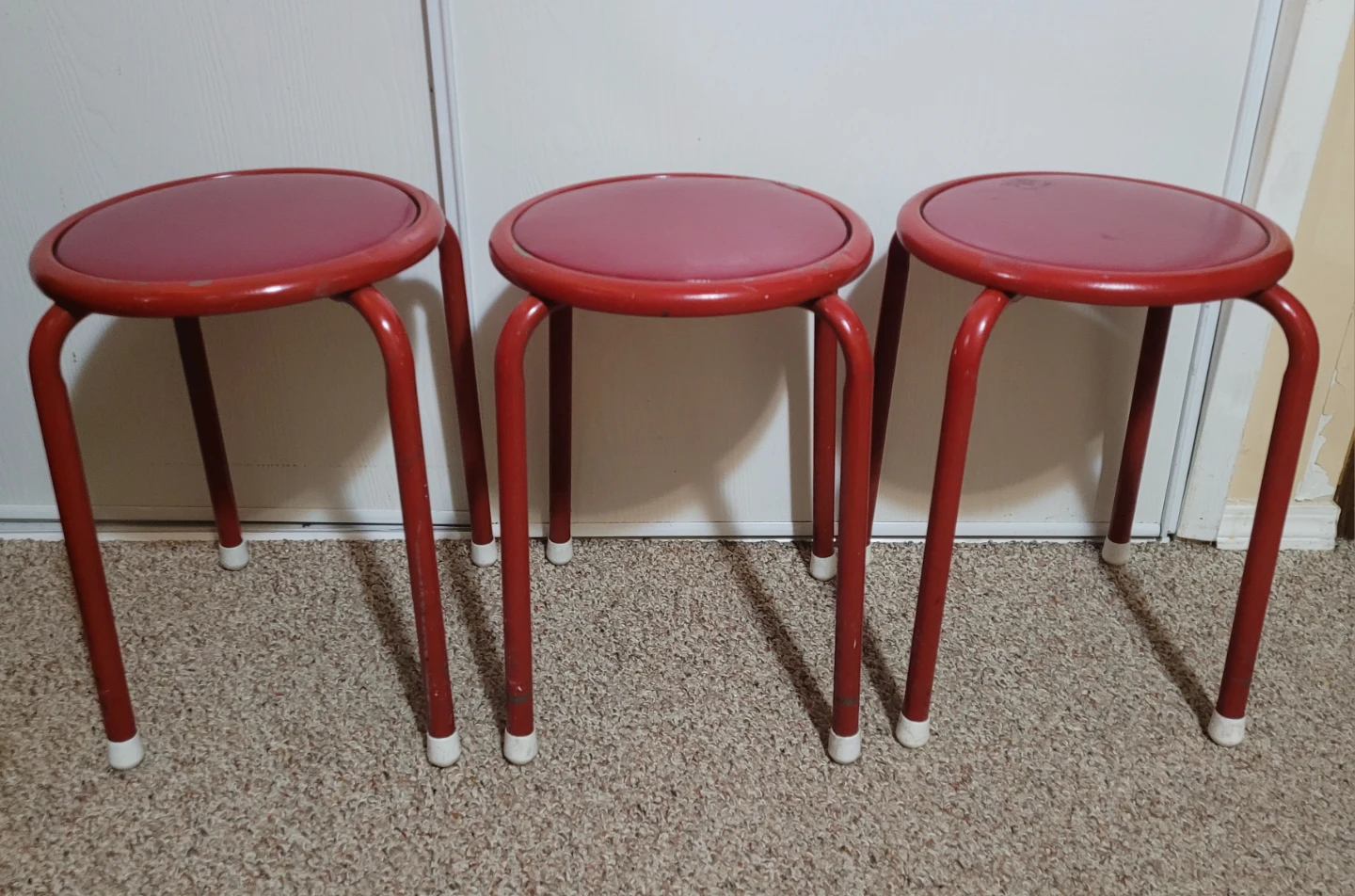 Red Metal Stools w/ Leather Seats