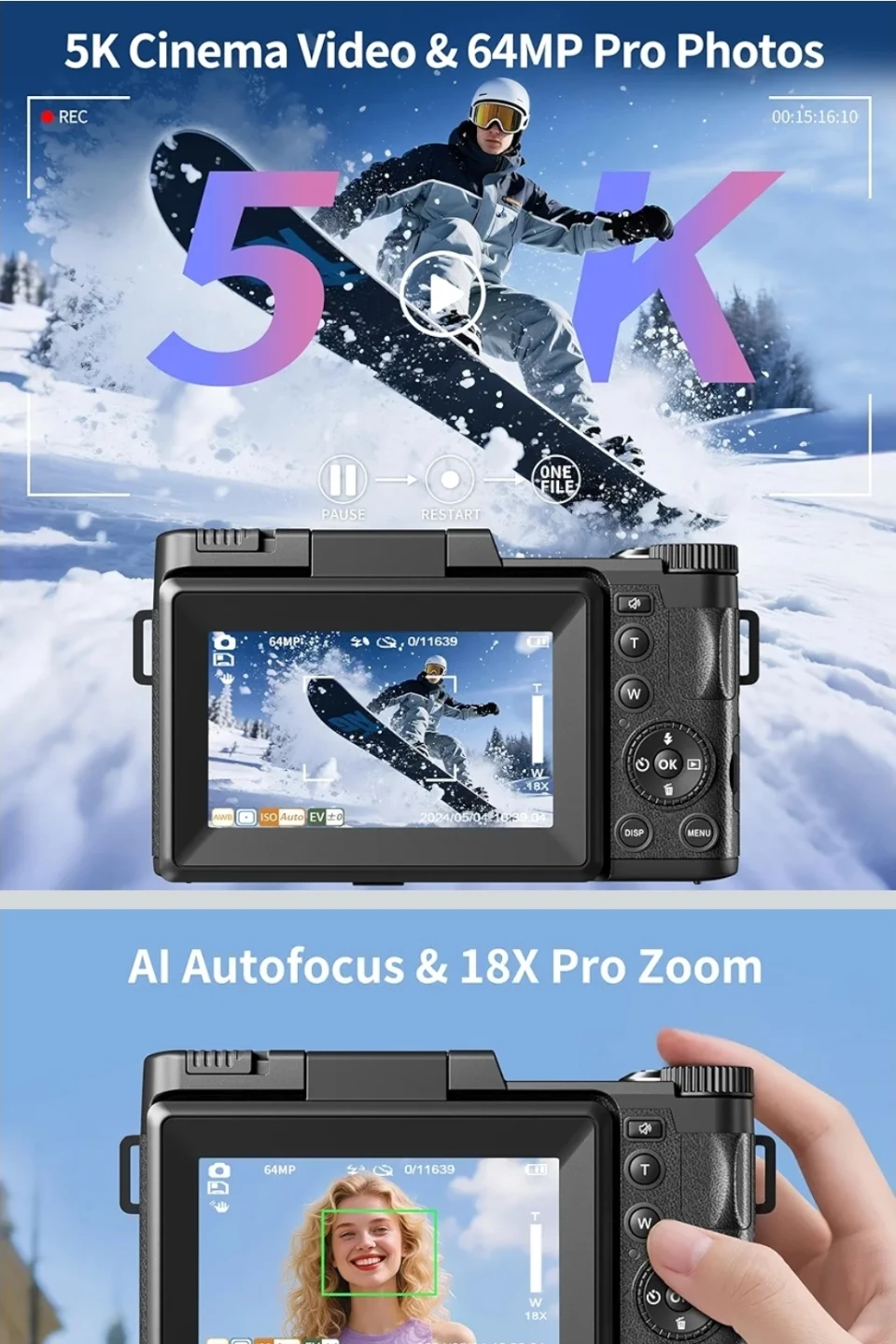 5K Ultra HD Digital Zoom Camera with 64MP Photos - photo 2