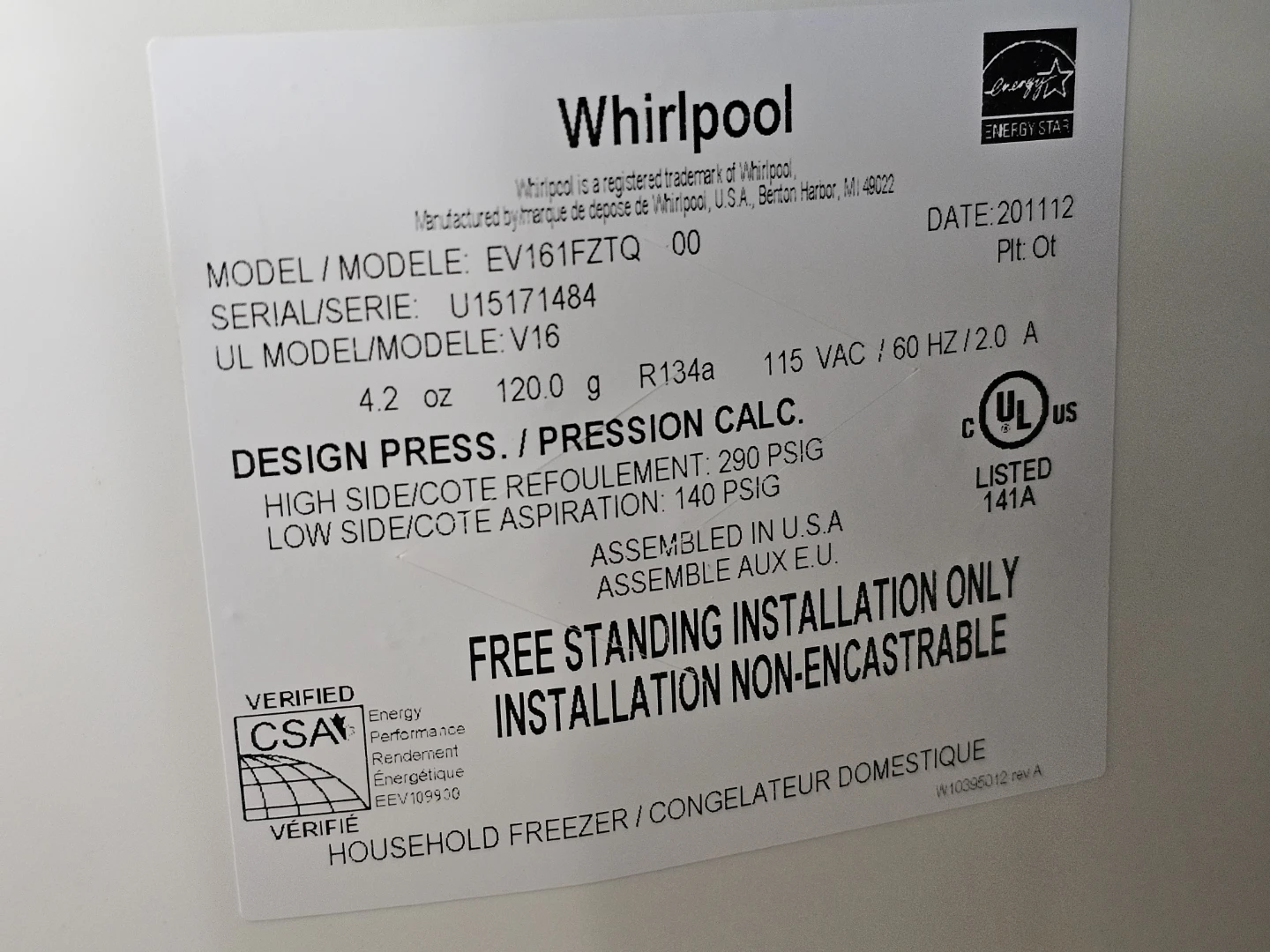 Whirlpool Upright Freezer EV161FZTQ - photo 3