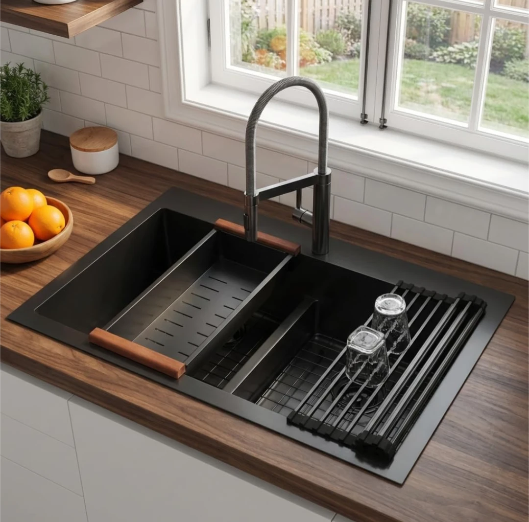 LQS Drop-In Kitchen Sink - Black Double Bowl Stainless Steel